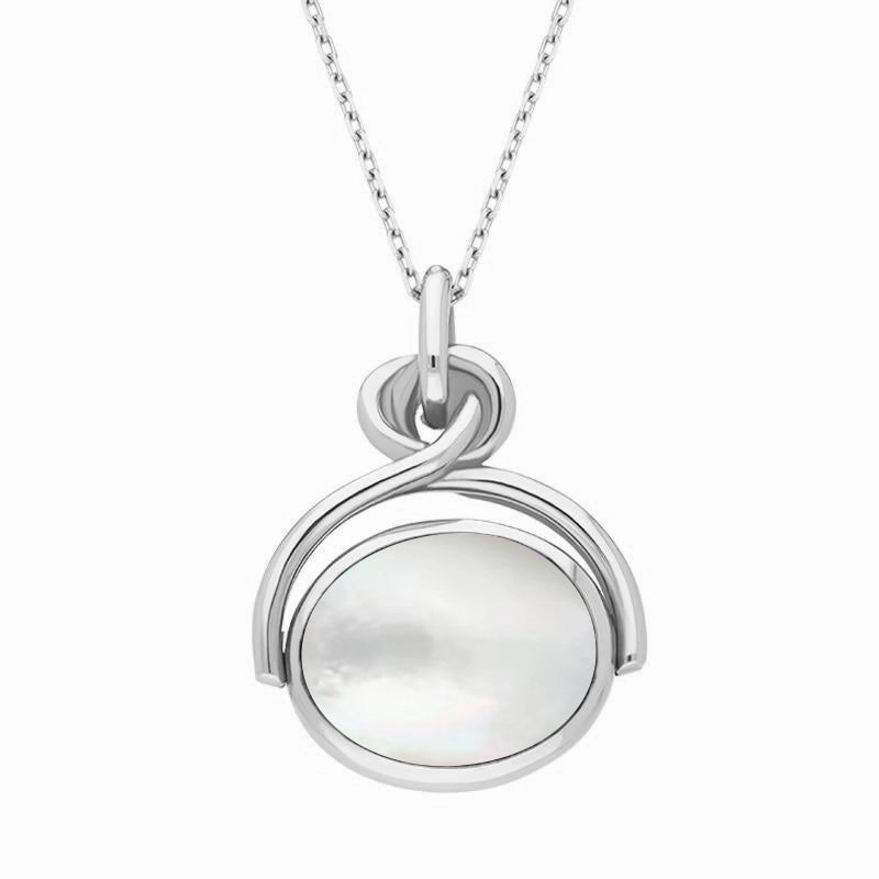 18ct White Gold Blue John White Mother of Pearl Oval Swivel Fob Necklace