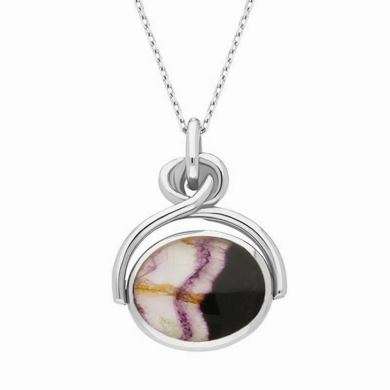 18ct White Gold Blue John White Mother of Pearl Oval Swivel Fob Necklace