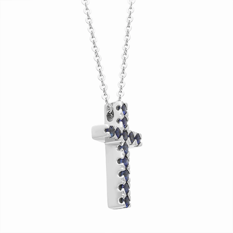 18ct White Gold Blue Sapphire Cross Necklace