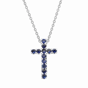 18ct White Gold Blue Sapphire Cross Necklace