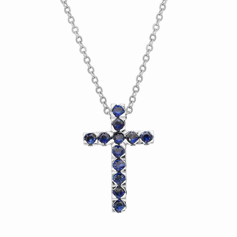18ct White Gold Blue Sapphire Cross Necklace