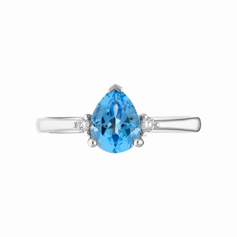 18ct White Gold Blue Topaz Diamond Pear Cut Three Stone Ring