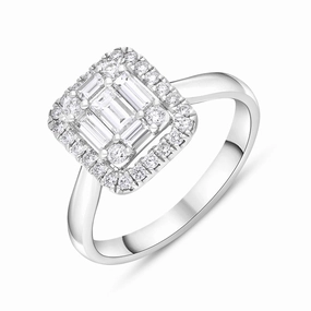 18ct White Gold Diamond Baguette Cut Vintage Style Cluster Ring