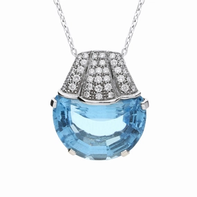 18ct White Gold Diamond Blue Topaz Art Deco Necklace