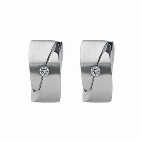 18ct White Gold Diamond Engraved Satin Hoop Earrings
