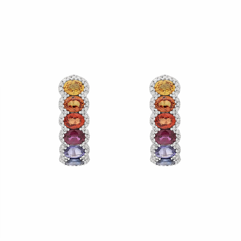 18ct White Gold Diamond Multicoloured Sapphire Hoop Earrings