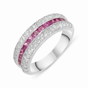 18ct White Gold Diamond Pink Sapphire Three Row Ring