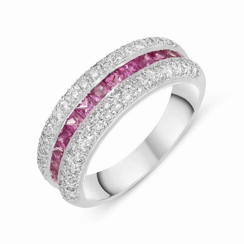 18ct White Gold Diamond Pink Sapphire Three Row Ring