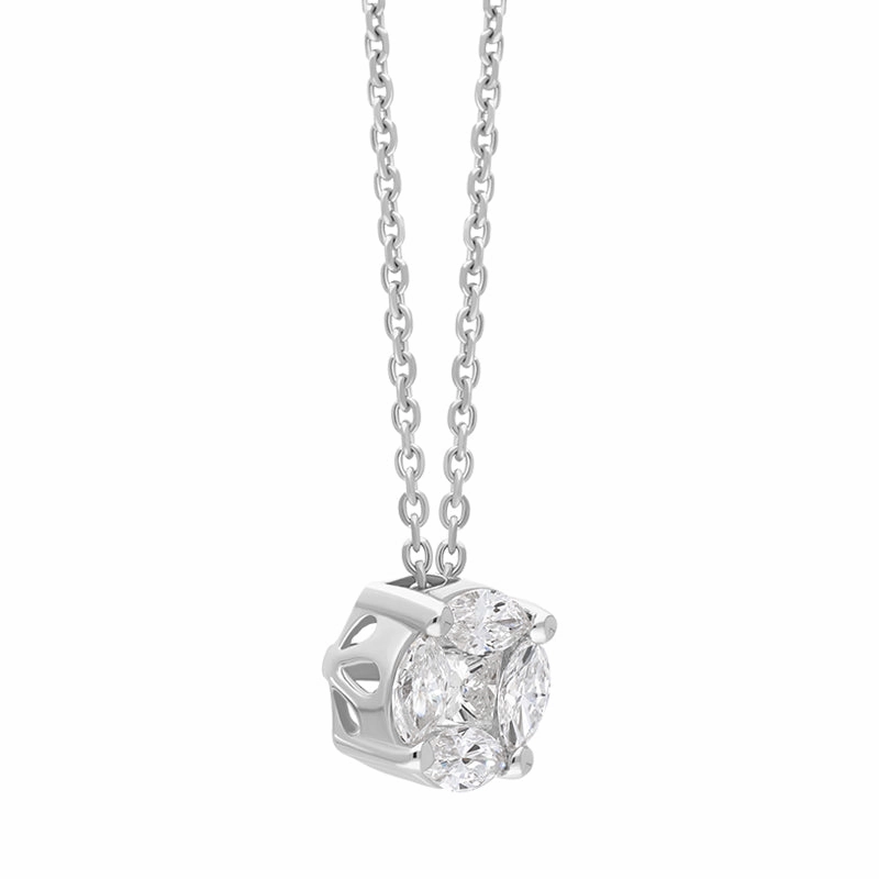 18ct White Gold Diamond Princess and Marquise Cut Round Cluster Necklace