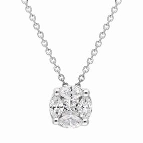 18ct White Gold Diamond Princess and Marquise Cut Round Cluster Necklace