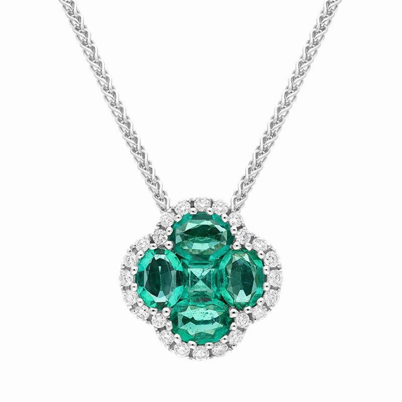 18ct White Gold Emerald 0.22ct Diamond Clover Cluster Necklace