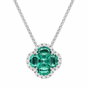 18ct White Gold Emerald 0.22ct Diamond Clover Cluster Necklace