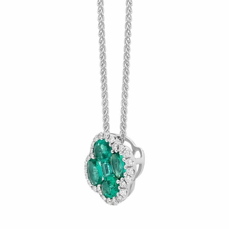 18ct White Gold Emerald 0.22ct Diamond Clover Cluster Necklace