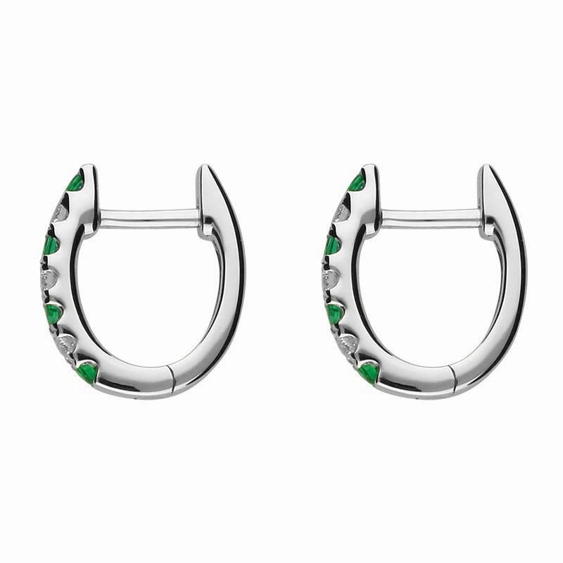 18ct White Gold Emerald and Diamond Huggie Hoop Earrings