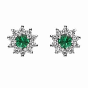 18ct White Gold Emerald and Diamond Round Cluster Stud Earrings D