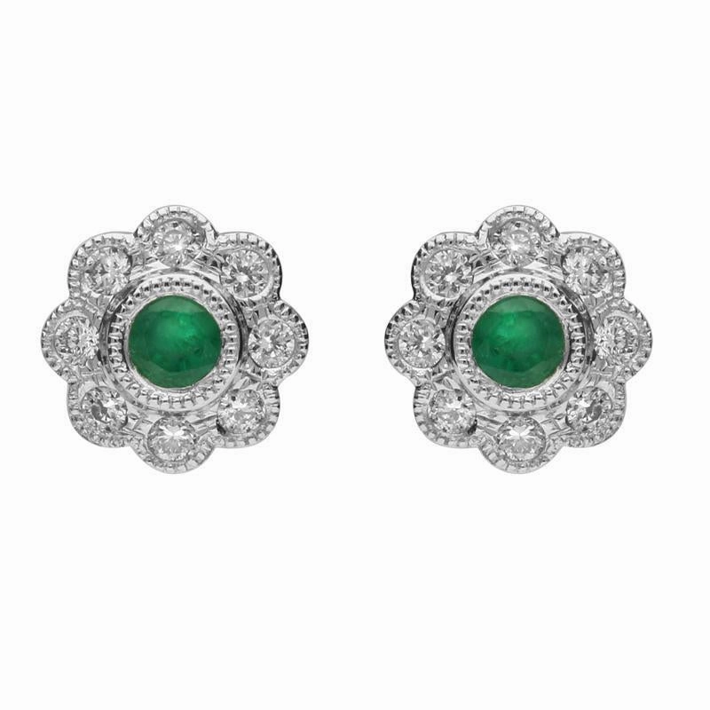 18ct White Gold Emerald and Diamond Round Flower Stud Earrings