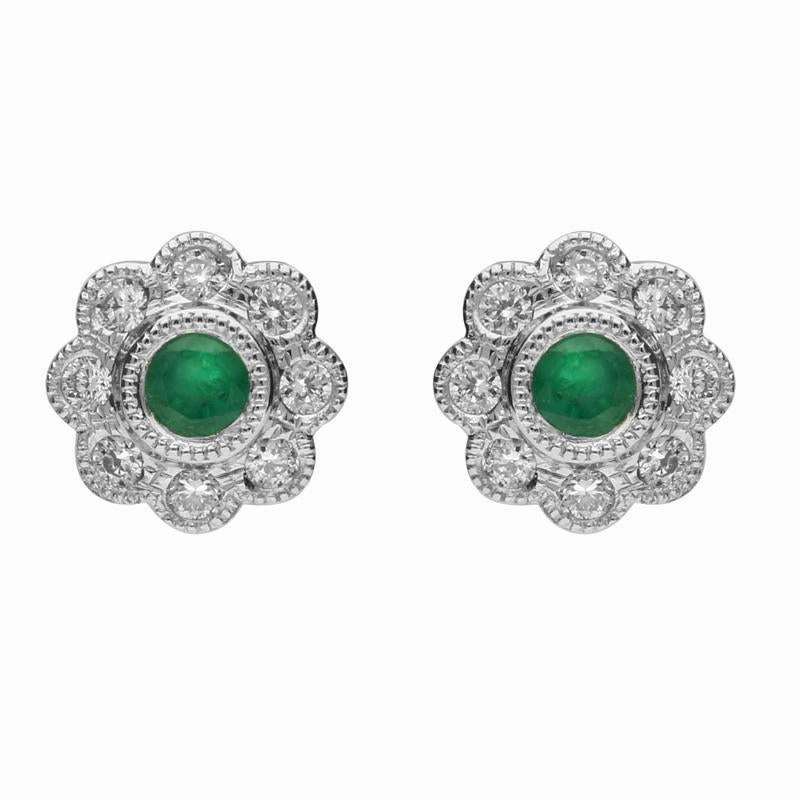 18ct White Gold Emerald and Diamond Round Flower Stud Earrings
