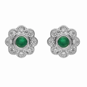 18ct White Gold Emerald and Diamond Round Flower Stud Earrings