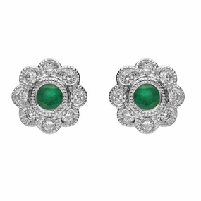 18ct White Gold Emerald and Diamond Round Flower Stud Earrings