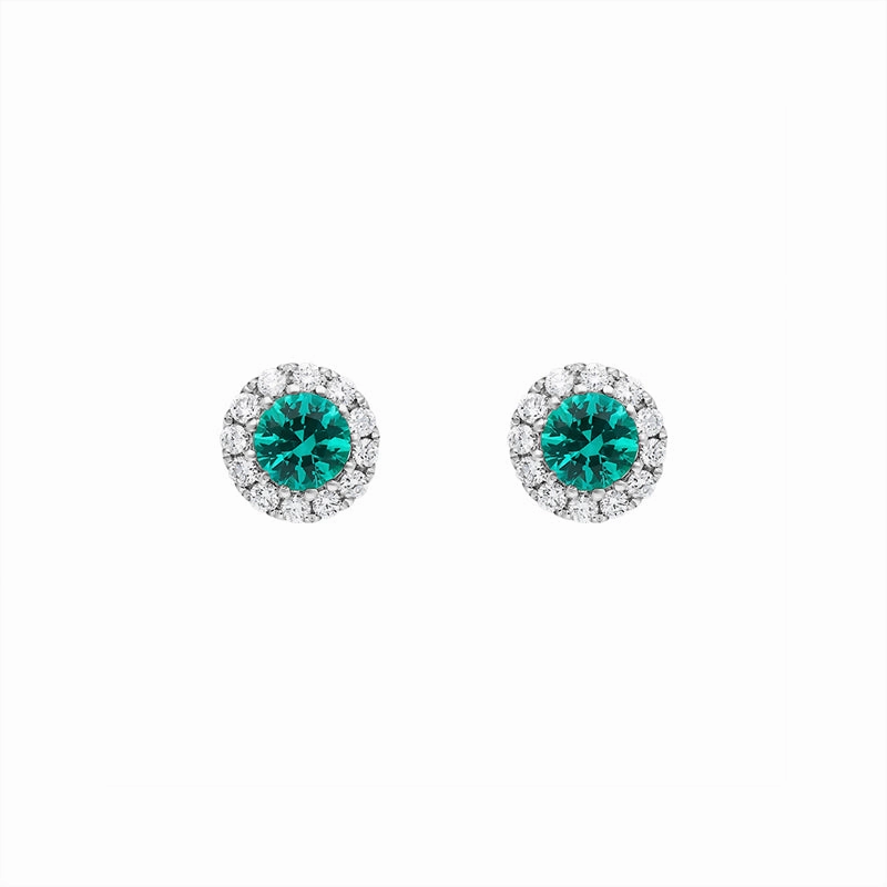 18ct White Gold Emerald and Diamond Round Stud Earrings