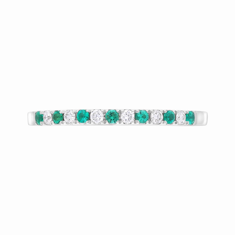 18ct White Gold Emerald Diamond Castle Set Half Eternity Ring