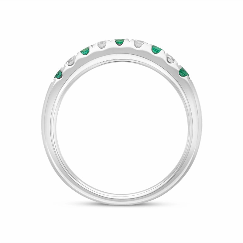 18ct White Gold Emerald Diamond Castle Set Half Eternity Ring