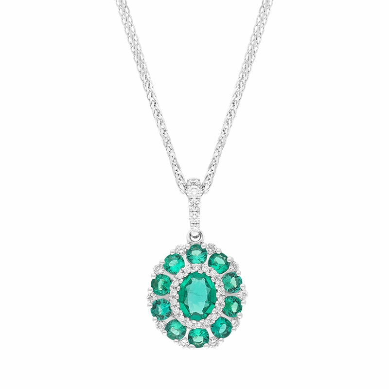 18ct White Gold Emerald Diamond Cluster Oval Pendant