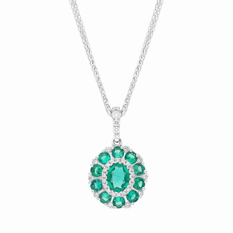 18ct White Gold Emerald Diamond Cluster Oval Pendant