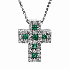 18ct White Gold Emerald Diamond Cross Necklace