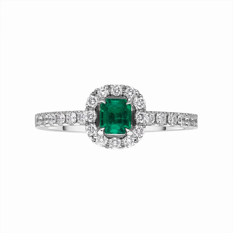 18ct White Gold Emerald Diamond Cushion Cut Cluster Shoulder Set Ring