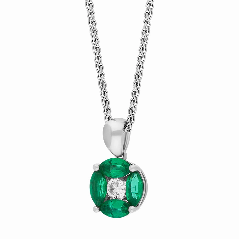 18ct White Gold Emerald Diamond Marquise Stone Round Cluster Pendant