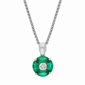 18ct White Gold Emerald Diamond Marquise Stone Round Cluster Pendant