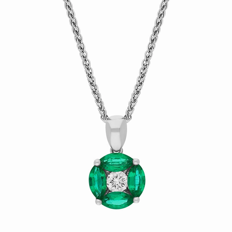18ct White Gold Emerald Diamond Marquise Stone Round Cluster Pendant
