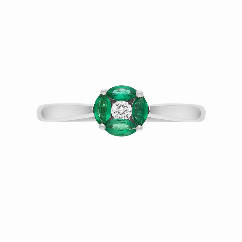 18ct White Gold Emerald Diamond Marquise Stone Round Cluster Ring