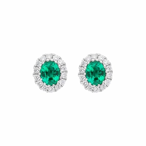 18ct White Gold Emerald Diamond Oval Cluster Stud Earrings