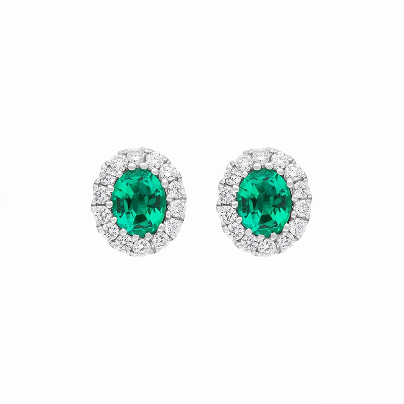 18ct White Gold Emerald Diamond Oval Cluster Stud Earrings