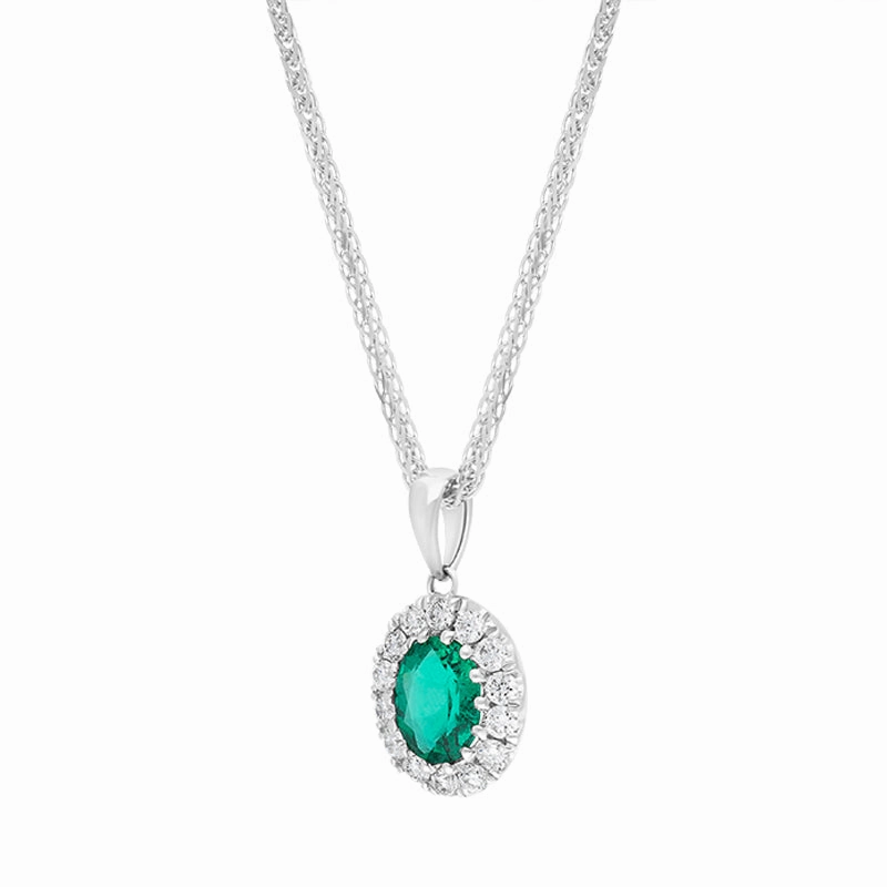 18ct White Gold Emerald Diamond Pave Oval Pendant