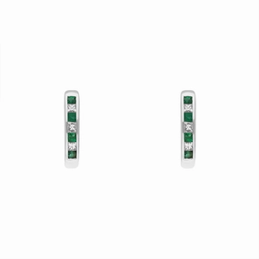 18ct White Gold Emerald Diamond Princess Cut Hoop Earrings
