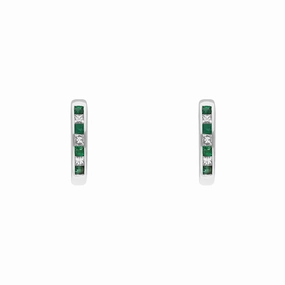 18ct White Gold Emerald Diamond Princess Cut Hoop Earrings