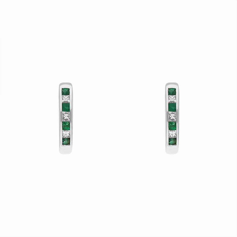 18ct White Gold Emerald Diamond Princess Cut Hoop Earrings