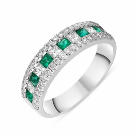 18ct White Gold Emerald Diamond Princess Round Brilliant Cut Half Eternity Ring