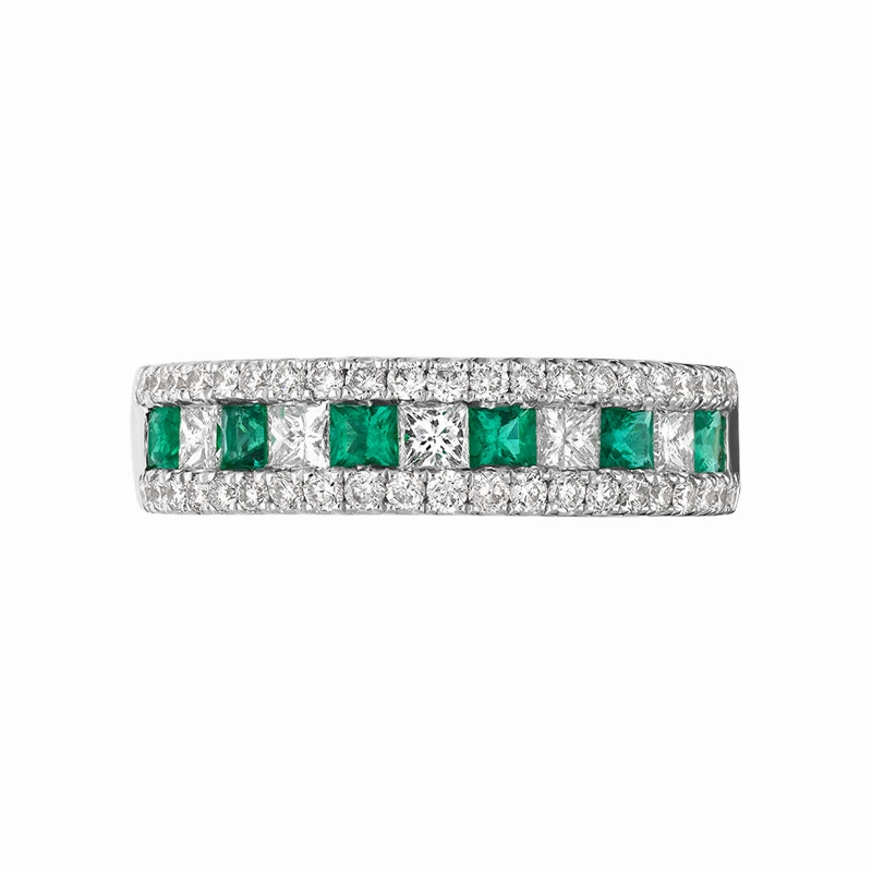 18ct White Gold Emerald Diamond Princess Round Brilliant Cut Half Eternity Ring