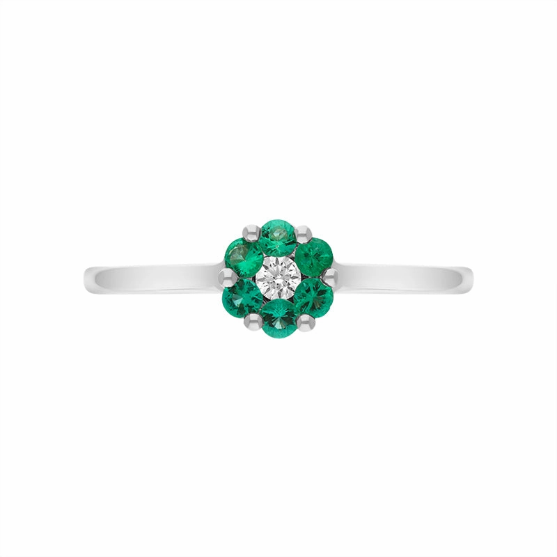 18ct White Gold Emerald Diamond Round Cluster Ring