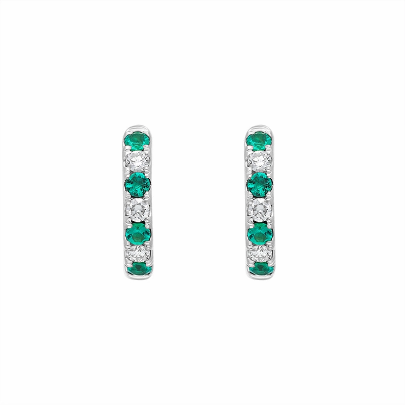 18ct White Gold Emerald Diamond Seven Stone Hoop Earrings