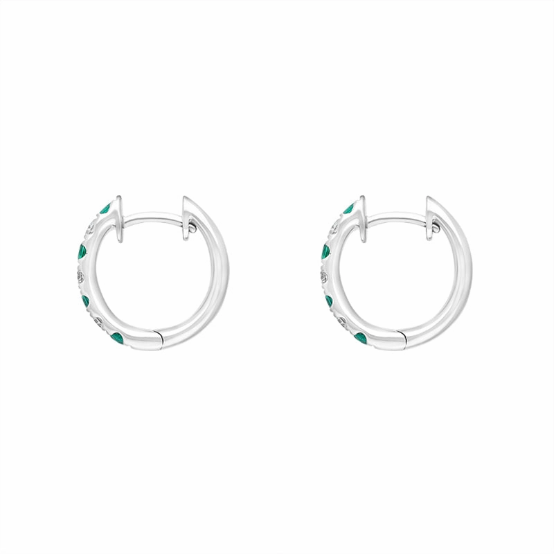 18ct White Gold Emerald Diamond Seven Stone Hoop Earrings