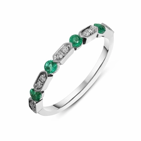 18ct White Gold Emerald Diamond Vintage Style Half Eternity Ring