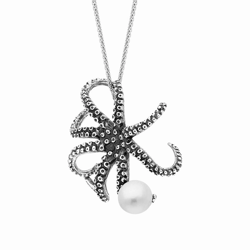 18ct White Gold Freshwater Pearl Bead Octopus Necklace