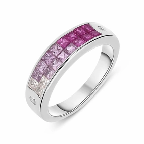 18ct White Gold Graduating Pink Sapphire Diamond Princess Cut Ring