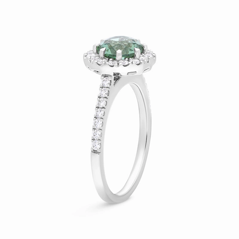 18ct White Gold Green Tourmaline Diamond Shoulder Set Octagon Cluster Ring