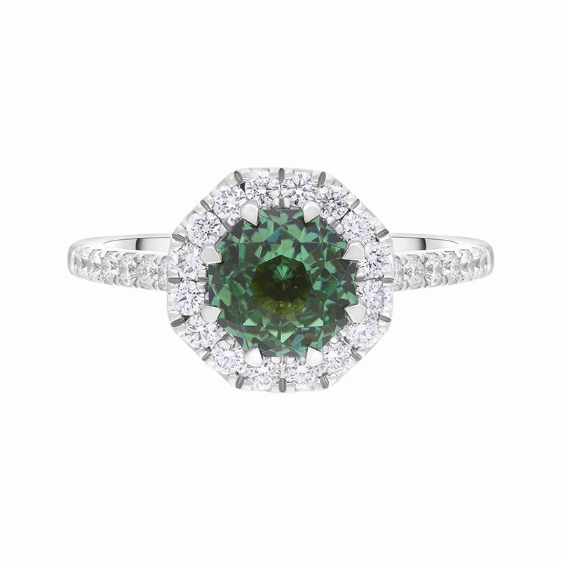 18ct White Gold Green Tourmaline Diamond Shoulder Set Octagon Cluster Ring